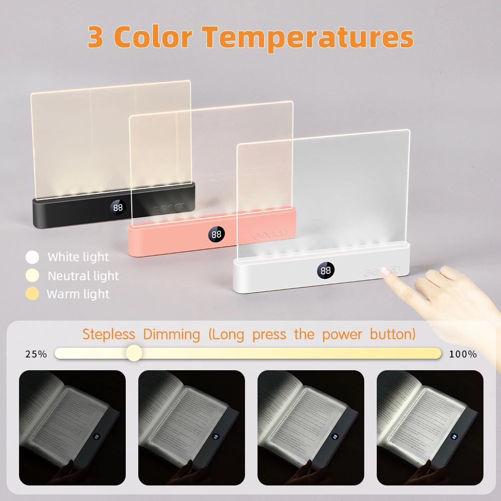 Book Light, Led Lights, Rechargeable LED Flat Book Lights,3 Colors & Timer, Dimmable Panel Plate Book Lamp