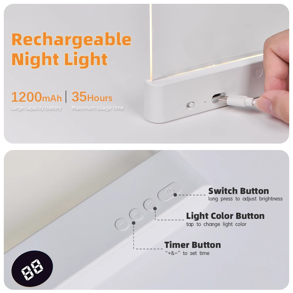 Book Light, Led Lights, Rechargeable LED Flat Book Lights,3 Colors & Timer, Dimmable Panel Plate Book Lamp