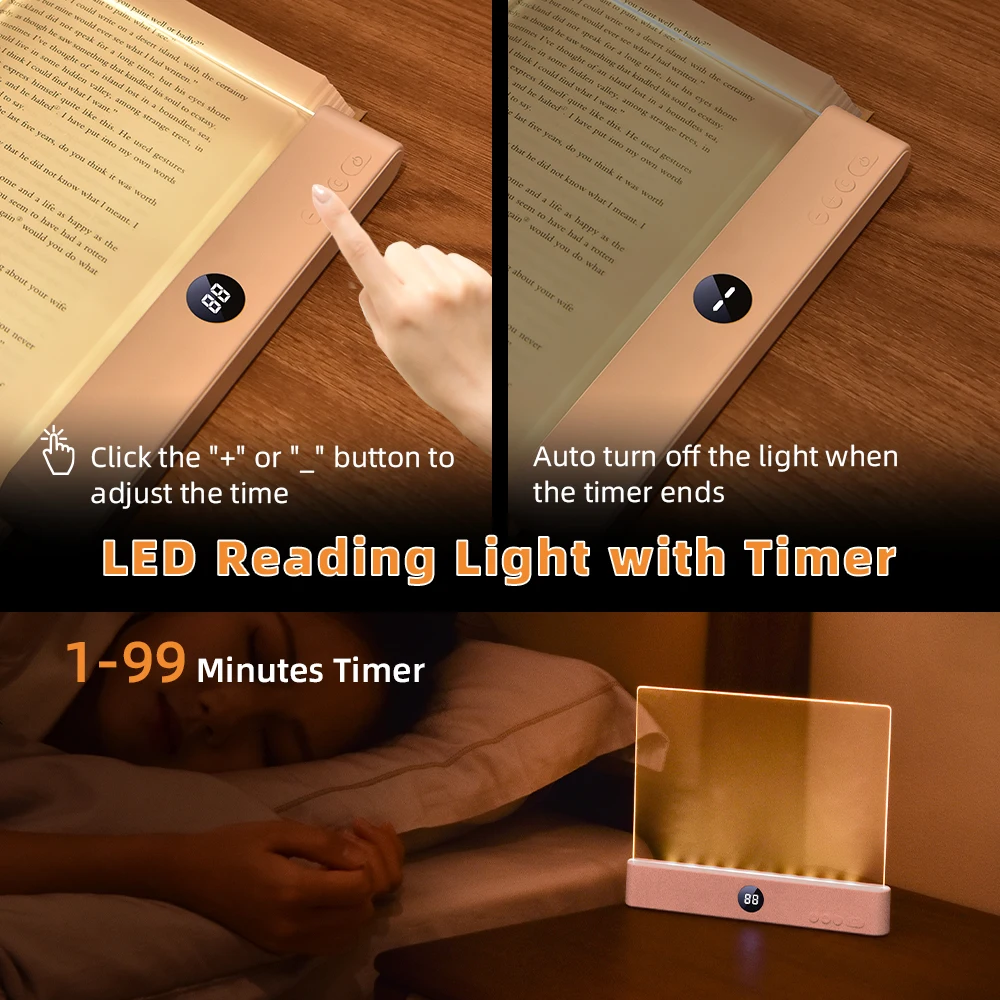 Book Light, Led Lights, Rechargeable LED Flat Book Lights,3 Colors & Timer, Dimmable Panel Plate Book Lamp