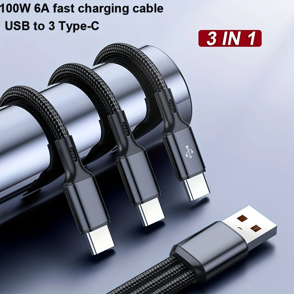 100W 3 in 1 Multi-ports USB C Charger Cable 6A USB-A to 3 ×Type-C Fast Charging Cable For Samsung Galacy S24 Xiaomi Redmi Huawei