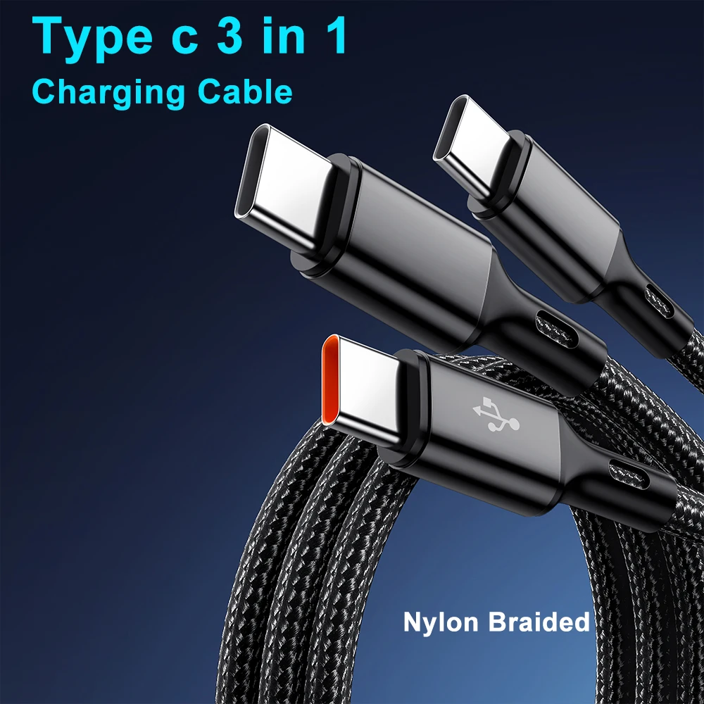 100W 3 in 1 Multi-ports USB C Charger Cable 6A USB-A to 3 ×Type-C Fast Charging Cable For Samsung Galacy S24 Xiaomi Redmi Huawei