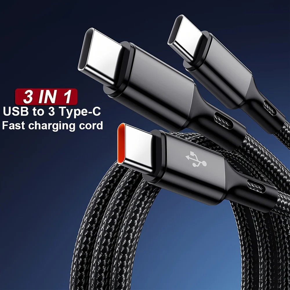 100W 3 in 1 Multi-ports USB C Charger Cable 6A USB-A to 3 ×Type-C Fast Charging Cable For Samsung Galacy S24 Xiaomi Redmi Huawei