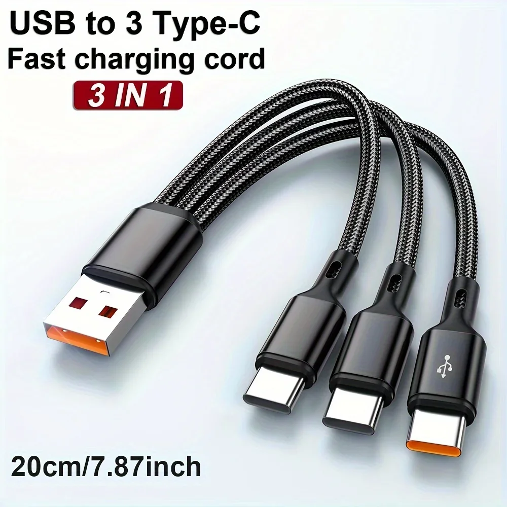 100W 3 in 1 Multi-ports USB C Charger Cable 6A USB-A to 3 ×Type-C Fast Charging Cable For Samsung Galacy S24 Xiaomi Redmi Huawei