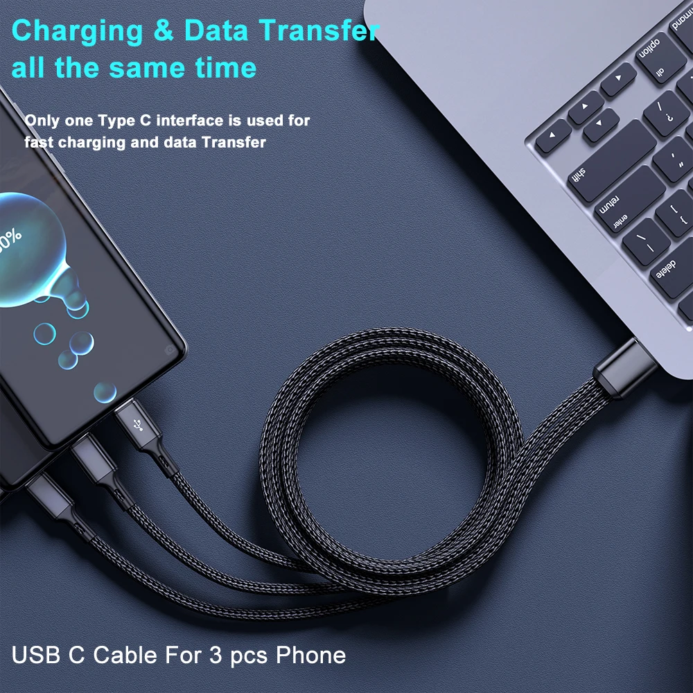 100W 3 in 1 Multi-ports USB C Charger Cable 6A USB-A to 3 ×Type-C Fast Charging Cable For Samsung Galacy S24 Xiaomi Redmi Huawei