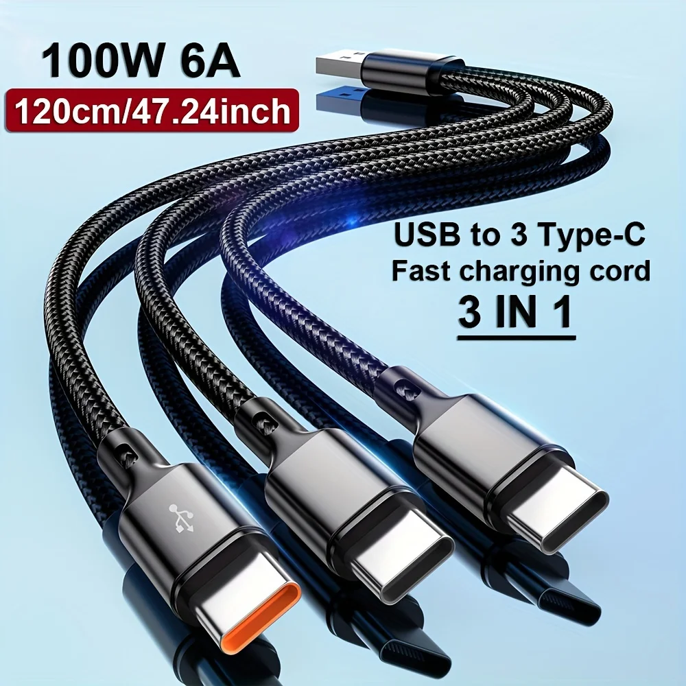 100W 3 in 1 Multi-ports USB C Charger Cable 6A USB-A to 3 ×Type-C Fast Charging Cable For Samsung Galacy S24 Xiaomi Redmi Huawei