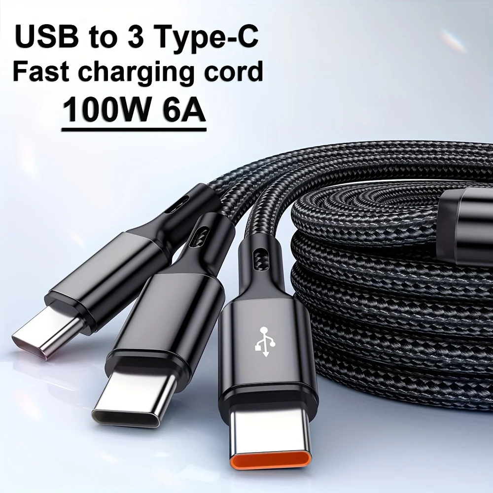 100W 3 in 1 Multi-ports USB C Charger Cable 6A USB-A to 3 ×Type-C Fast Charging Cable For Samsung Galacy S24 Xiaomi Redmi Huawei