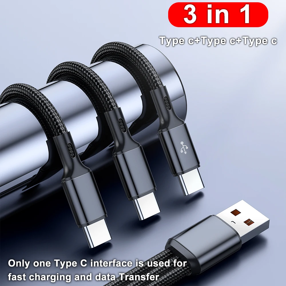 100W 3 in 1 Multi-ports USB C Charger Cable 6A USB-A to 3 ×Type-C Fast Charging Cable For Samsung Galacy S24 Xiaomi Redmi Huawei