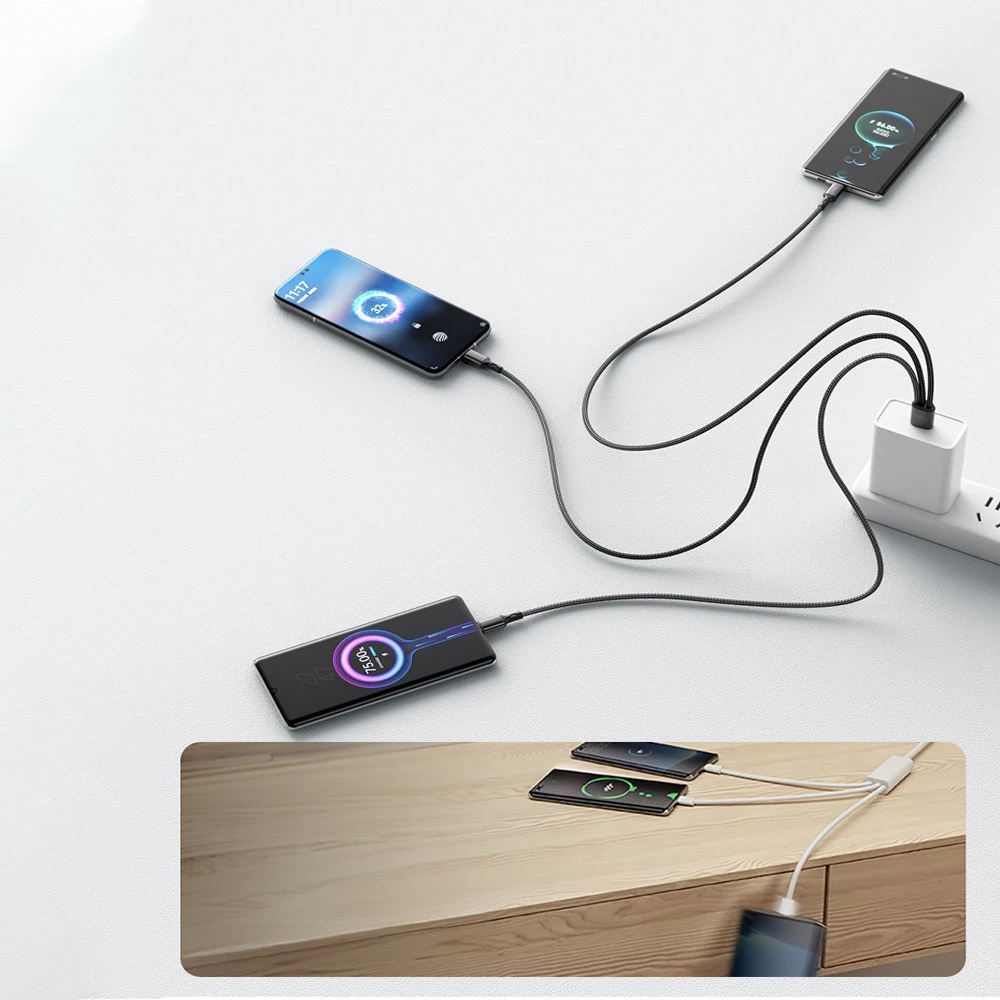 100W 3 in 1 Multi-ports USB C Charger Cable 6A USB-A to 3 ×Type-C Fast Charging Cable For Samsung Galacy S24 Xiaomi Redmi Huawei
