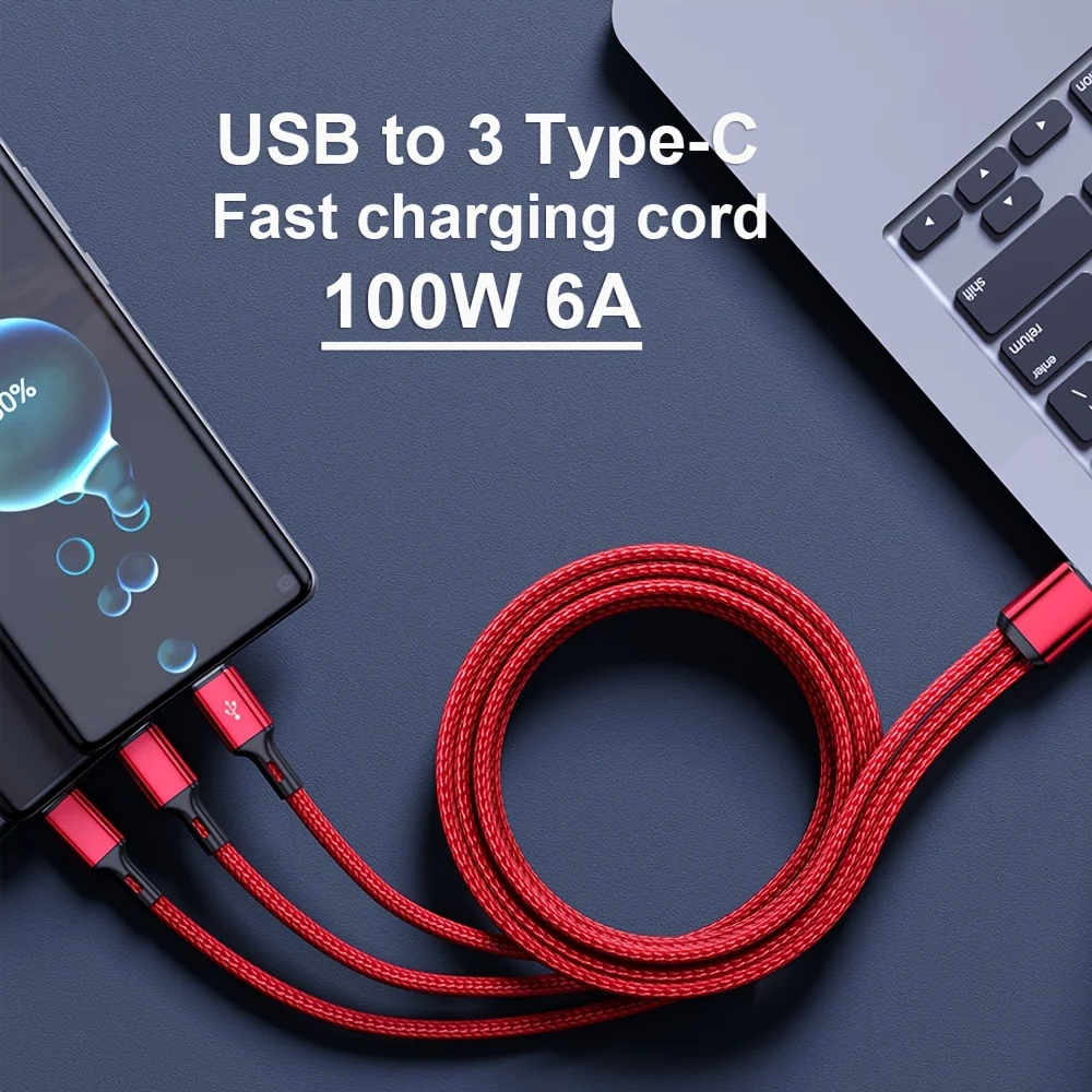 100W 3 in 1 Multi-ports USB C Charger Cable 6A USB-A to 3 ×Type-C Fast Charging Cable For Samsung Galacy S24 Xiaomi Redmi Huawei