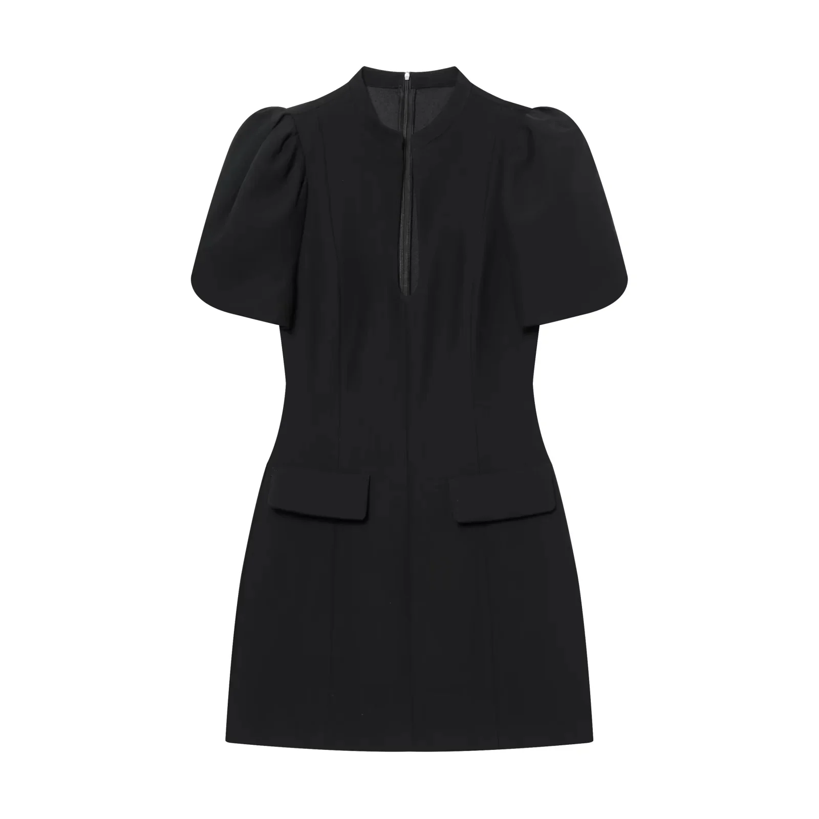 KONDALA Elegant Holiday Chic Women Mini Dress Black O-Neck Zipper Short Puff Sleeve Dress Fashion 2026 Spring Summer Party Dress