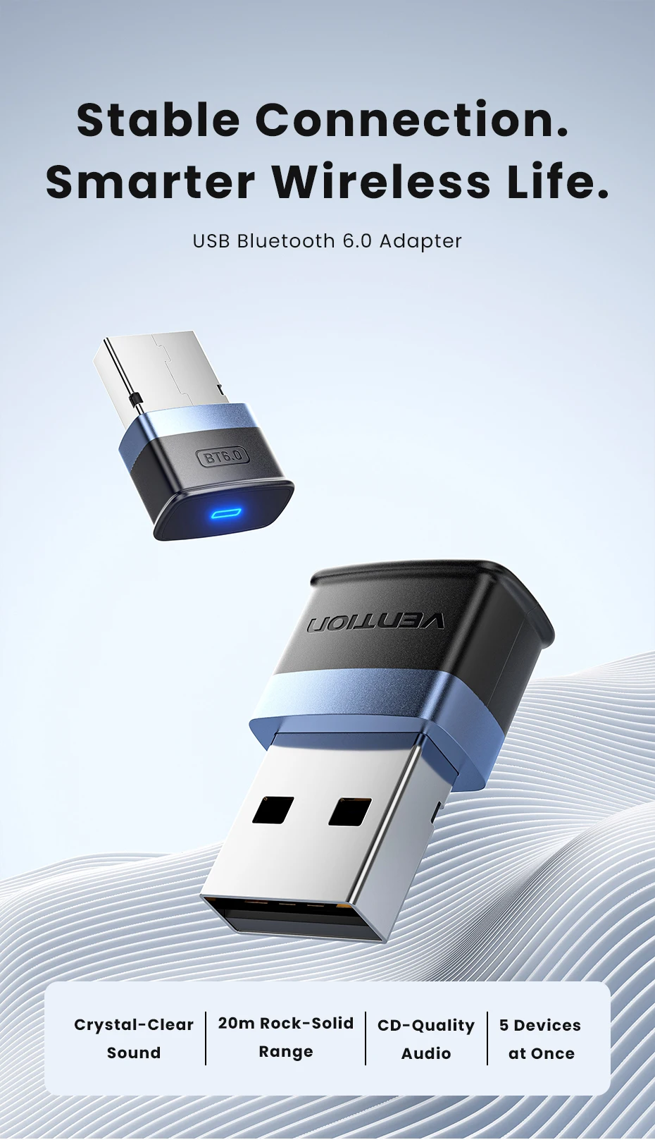 USB Bluetooth 6.0 Adapter for Laptop Desktop PC: Long Range 20M Wireless Dongle for Windows 11/10/8.1 Bluetooth Receiver & Trans