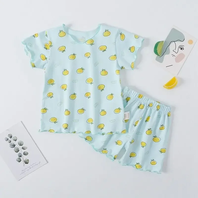 Girls Summer Pajama Set Strawberry Print Shorts Pink Peaches Tee Baby Cool Comfort Homewears Soft Breathable Sleepsuits for Play