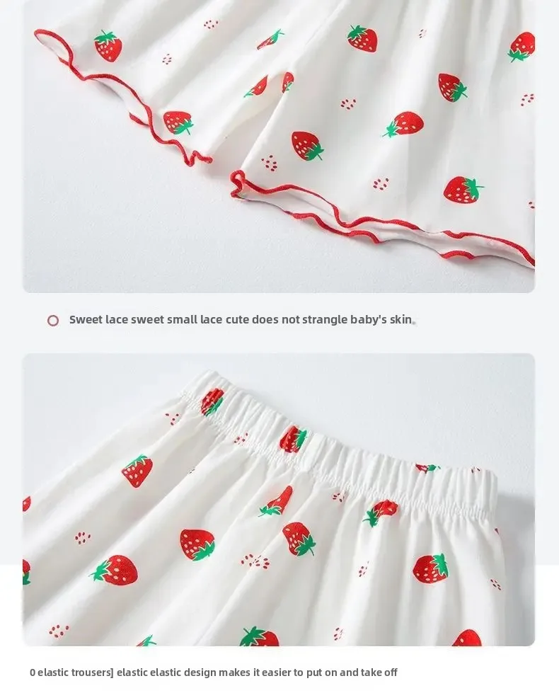 Girls Summer Pajama Set Strawberry Print Shorts Pink Peaches Tee Baby Cool Comfort Homewears Soft Breathable Sleepsuits for Play