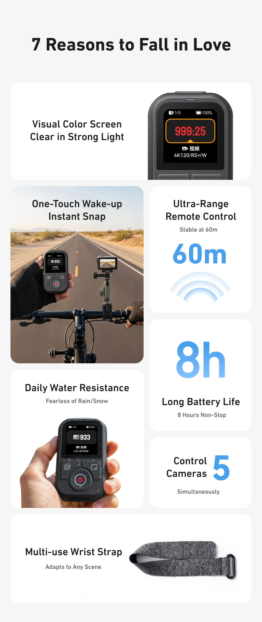 TELESIN 60M Bluetooth Remote Control For DJI OSMO Action 6 5pro 4 OSMO 360 With Wrist Strap Screen Display For DJI Action 4 5 6