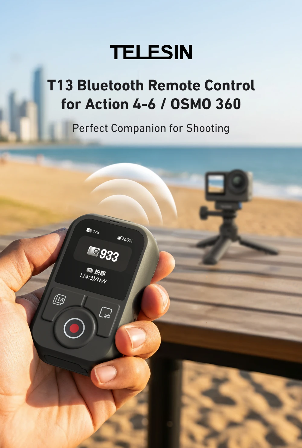 TELESIN 60M Bluetooth Remote Control For DJI OSMO Action 6 5pro 4 OSMO 360 With Wrist Strap Screen Display For DJI Action 4 5 6