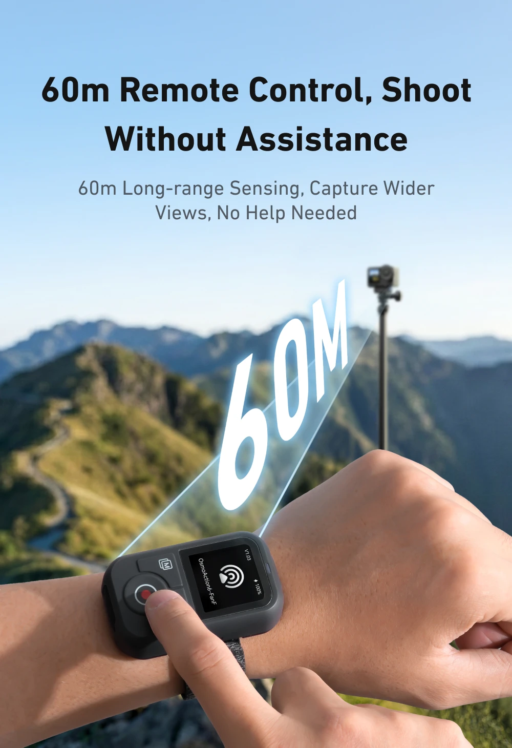 TELESIN 60M Bluetooth Remote Control For DJI OSMO Action 6 5pro 4 OSMO 360 With Wrist Strap Screen Display For DJI Action 4 5 6