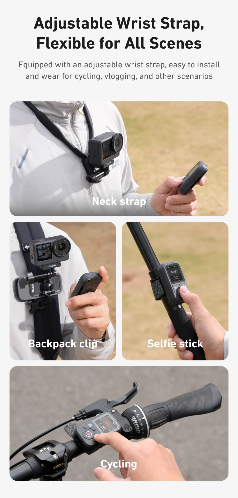 TELESIN 60M Bluetooth Remote Control For DJI OSMO Action 6 5pro 4 OSMO 360 With Wrist Strap Screen Display For DJI Action 4 5 6