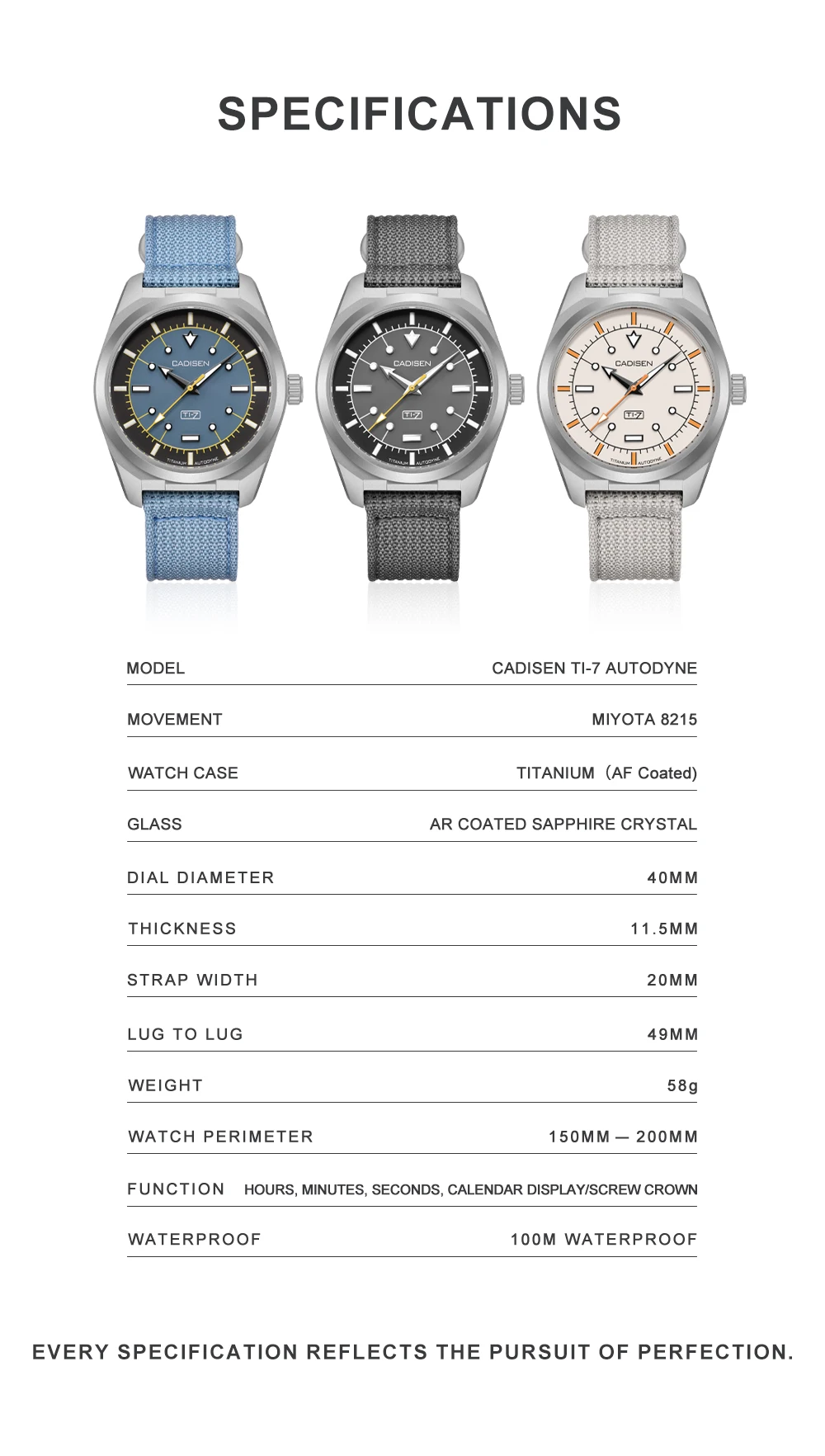 CADISEN TI-7 Autodyne Titanium Steel Automatic Mechanical Canvas Wristwatch MIYOTA 8215 Luminous Sapphire Waterproof Man Watches