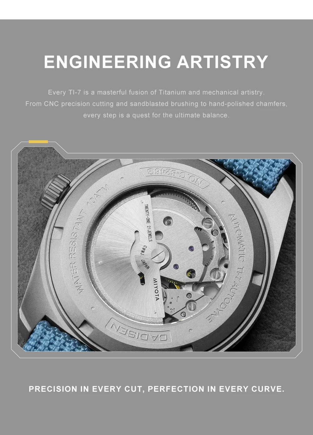 CADISEN TI-7 Autodyne Titanium Steel Automatic Mechanical Canvas Wristwatch MIYOTA 8215 Luminous Sapphire Waterproof Man Watches
