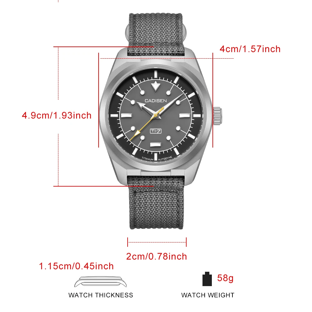 CADISEN TI-7 Autodyne Titanium Steel Automatic Mechanical Canvas Wristwatch MIYOTA 8215 Luminous Sapphire Waterproof Man Watches