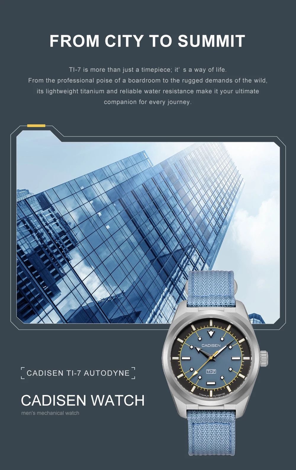 CADISEN TI-7 Autodyne Titanium Steel Automatic Mechanical Canvas Wristwatch MIYOTA 8215 Luminous Sapphire Waterproof Man Watches
