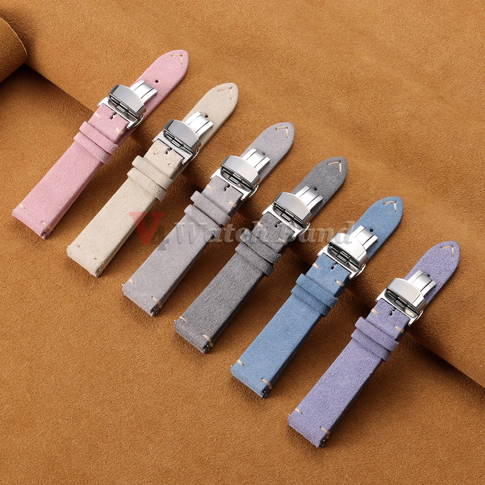 Vintage Suede Cowhide Watch Strap for Omega for Seiko 14/16/18/19/20/21/22mm Butterfly Buckle Bracelet Men Women Sport Wristband