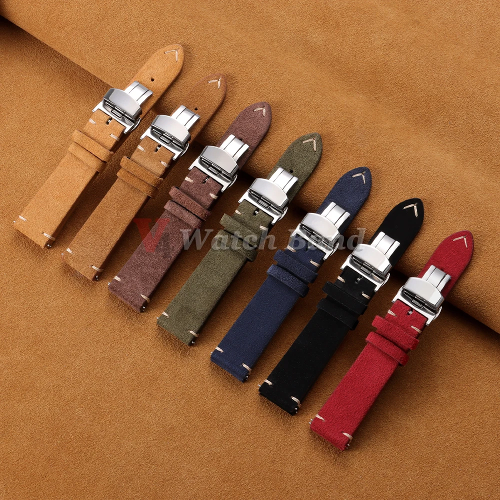 Vintage Suede Cowhide Watch Strap for Omega for Seiko 14/16/18/19/20/21/22mm Butterfly Buckle Bracelet Men Women Sport Wristband