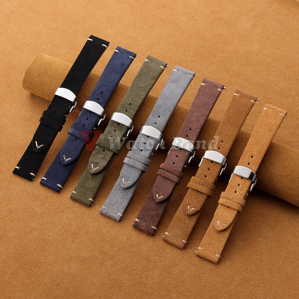 Vintage Suede Cowhide Watch Strap for Omega for Seiko 14/16/18/19/20/21/22mm Butterfly Buckle Bracelet Men Women Sport Wristband
