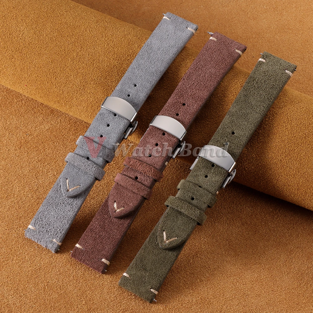Vintage Suede Cowhide Watch Strap for Omega for Seiko 14/16/18/19/20/21/22mm Butterfly Buckle Bracelet Men Women Sport Wristband
