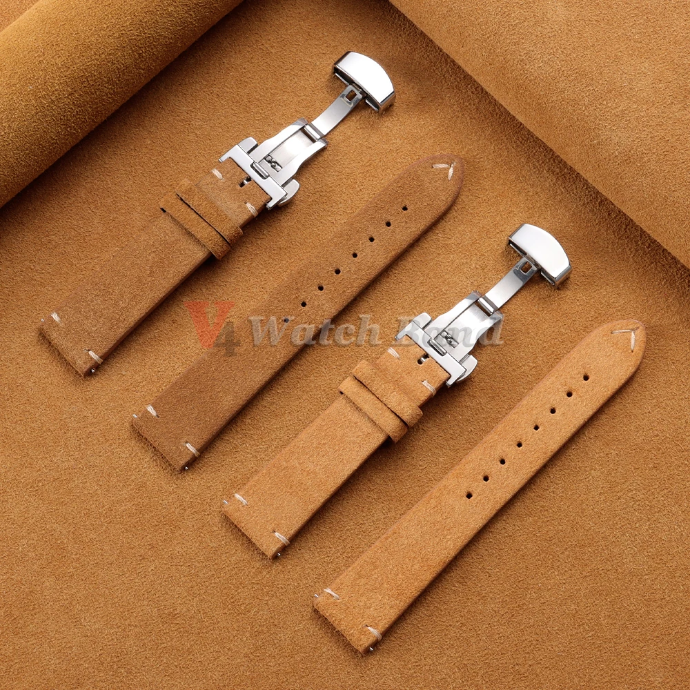 Vintage Suede Cowhide Watch Strap for Omega for Seiko 14/16/18/19/20/21/22mm Butterfly Buckle Bracelet Men Women Sport Wristband