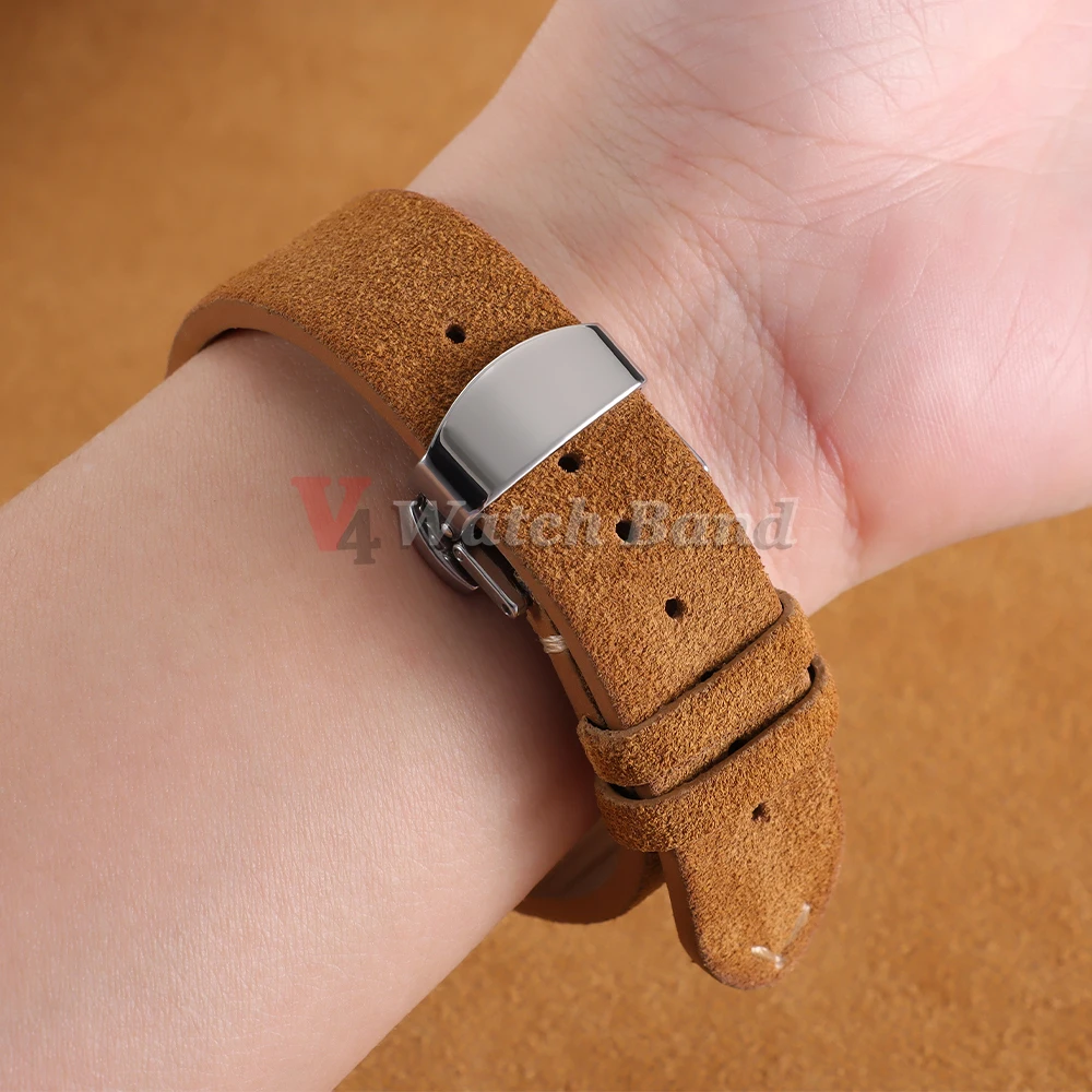 Vintage Suede Cowhide Watch Strap for Omega for Seiko 14/16/18/19/20/21/22mm Butterfly Buckle Bracelet Men Women Sport Wristband