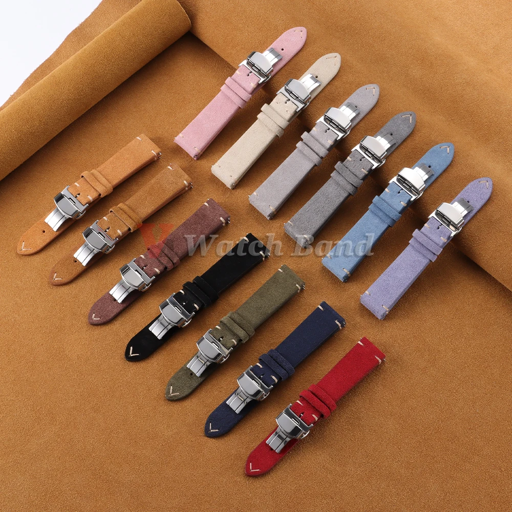 Vintage Suede Cowhide Watch Strap for Omega for Seiko 14/16/18/19/20/21/22mm Butterfly Buckle Bracelet Men Women Sport Wristband