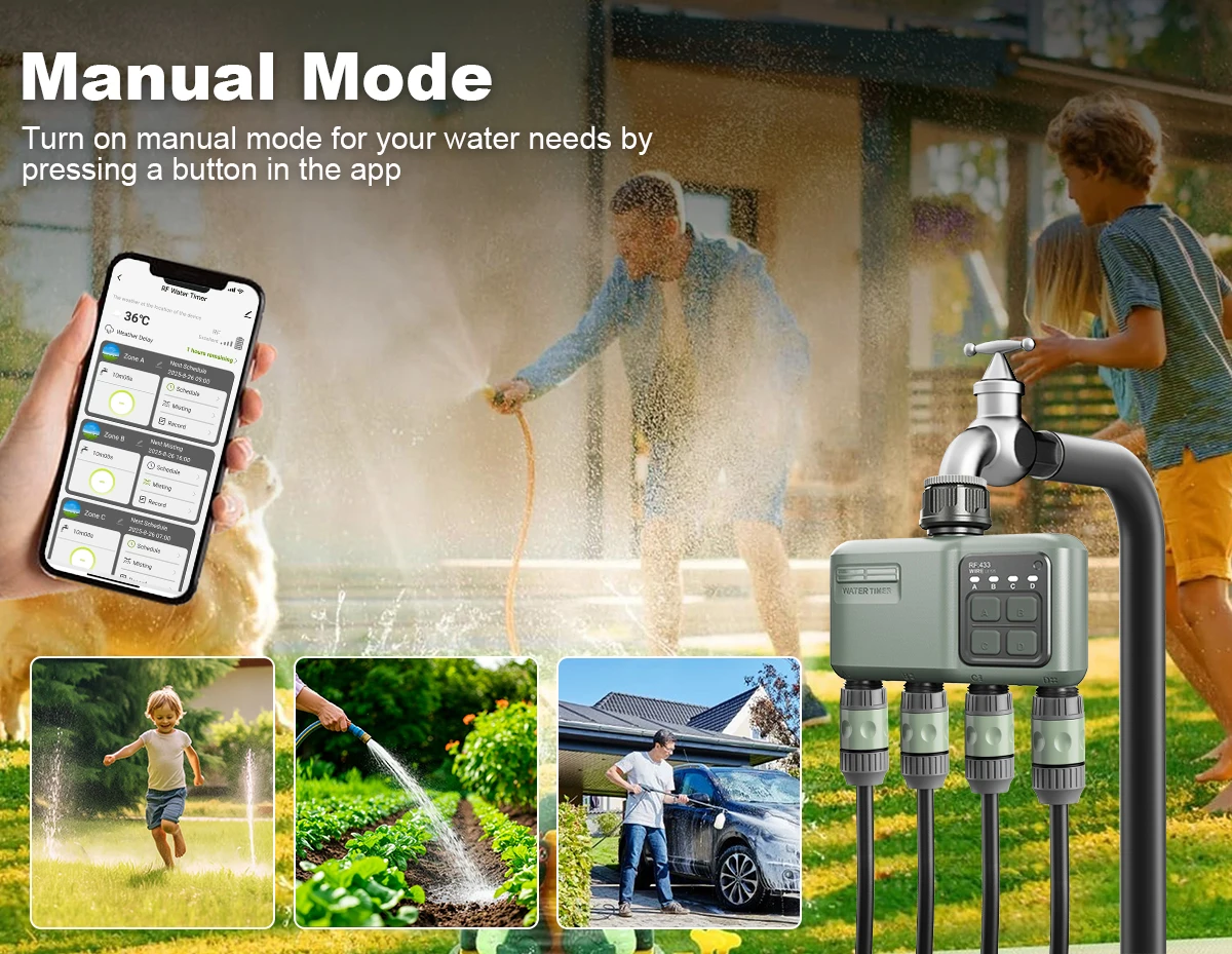 4Zone WiFi RF433 Water Timer Smart Irrigation Timer Water Valve Controller Solar Powered Smart Life Tuya App Auto Watering Timer