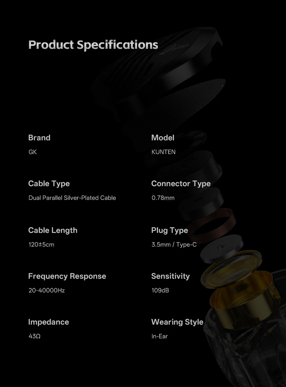 GK KUNTEN In-ear Headphones Innovative Kun Driver Heavy Bass HIFI Metal Sports Detachable 2PIN Compatible With KZ Zenith EDX PRO