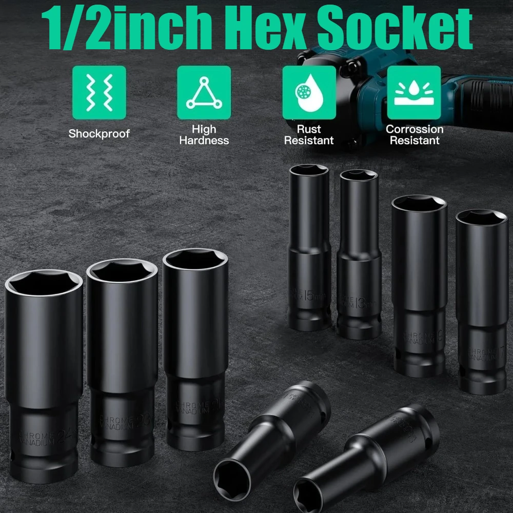 1/2inch Socket Set, 1/2" Drive Metric Size (8-24mm) Socket Spanner, CR-V Steel Deep Impact Socket Set For 1/2 Socket Set F