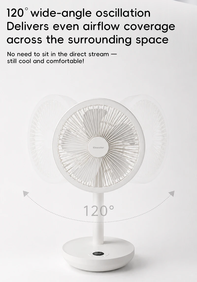 KINSCOTER Smart Oscillating Desk Fan 4000mAh USB Angle Adjustable Silent Rechargeable Fan 5 Wind Speeds for Home/Office/Gift