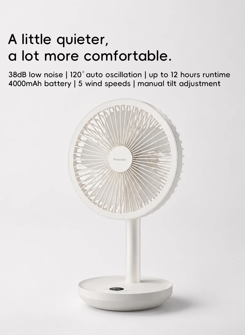KINSCOTER Smart Oscillating Desk Fan 4000mAh USB Angle Adjustable Silent Rechargeable Fan 5 Wind Speeds for Home/Office/Gift