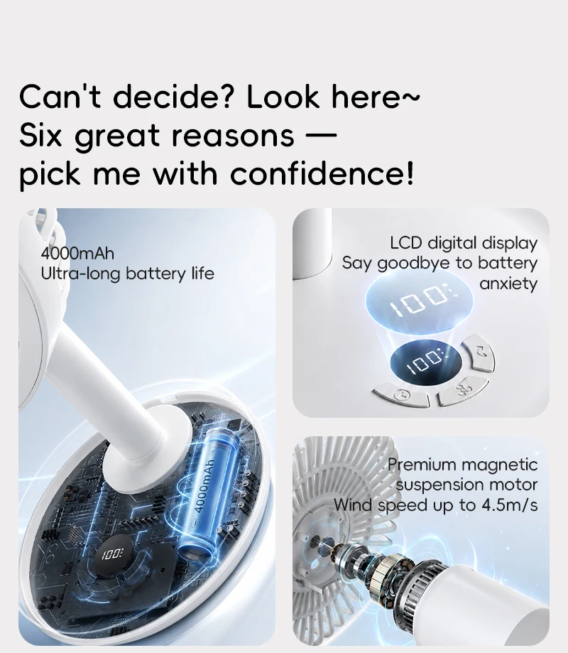 KINSCOTER Smart Oscillating Desk Fan 4000mAh USB Angle Adjustable Silent Rechargeable Fan 5 Wind Speeds for Home/Office/Gift