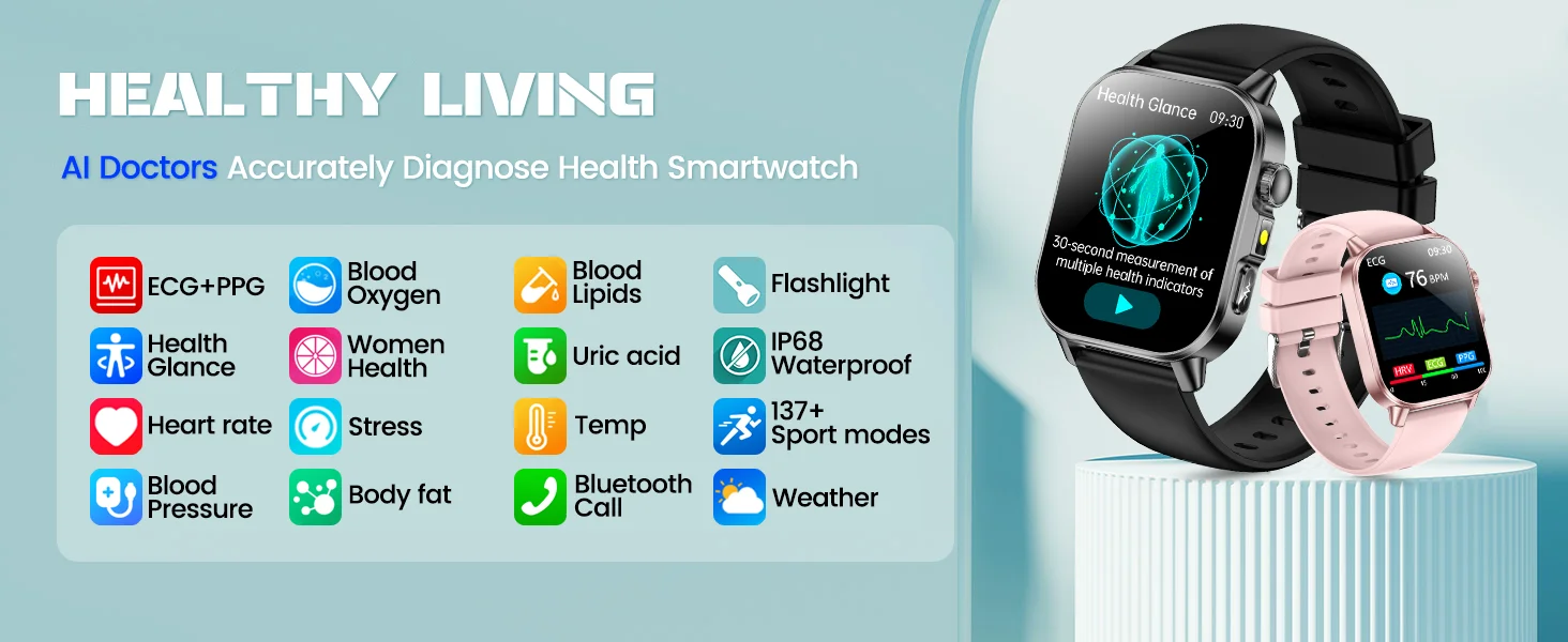 New Men Accurate Health Diagnosis ECG Smart Watch Blood Pressure Blood Oxygen Blood Fat Uric Acid Temp Bluetooth call Smartwatch