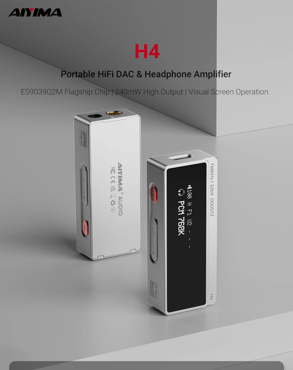 AIYIMA H4 HIFI Portable Headphone Amplifier USB DAC AMP ES9039Q2M PCM768 DSD512 4.4mm Balanced/3.5mm Jack Output OLED Display