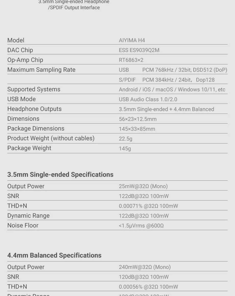 AIYIMA H4 HIFI Portable Headphone Amplifier USB DAC AMP ES9039Q2M PCM768 DSD512 4.4mm Balanced/3.5mm Jack Output OLED Display