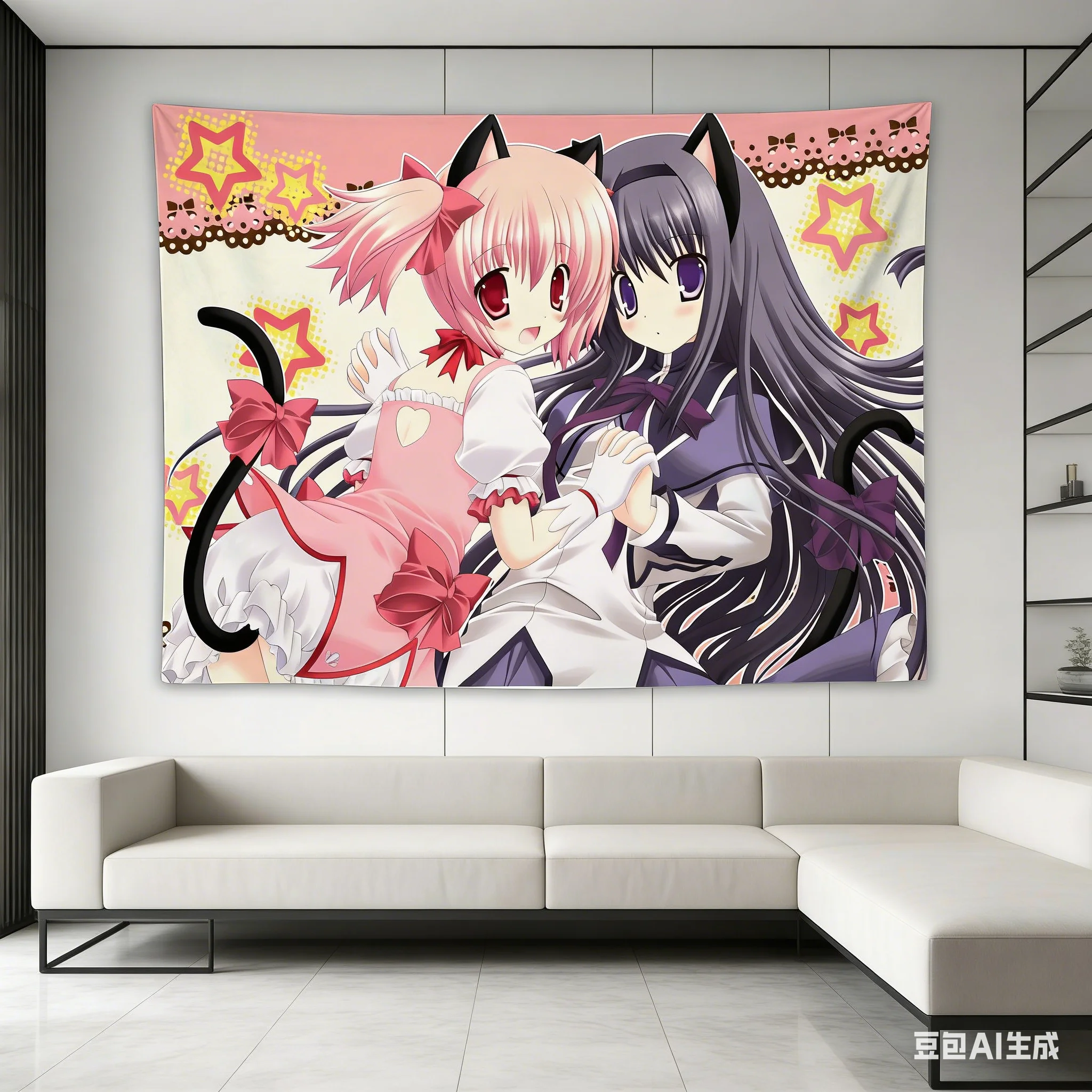 Madoka Neko Anime Girls Starry Tapestry - Kawaii Cat-Ear Polyester Wall Hanging for Bedroom Dorm Anime Decor