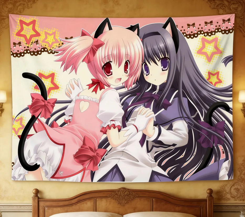 Madoka Neko Anime Girls Starry Tapestry - Kawaii Cat-Ear Polyester Wall Hanging for Bedroom Dorm Anime Decor