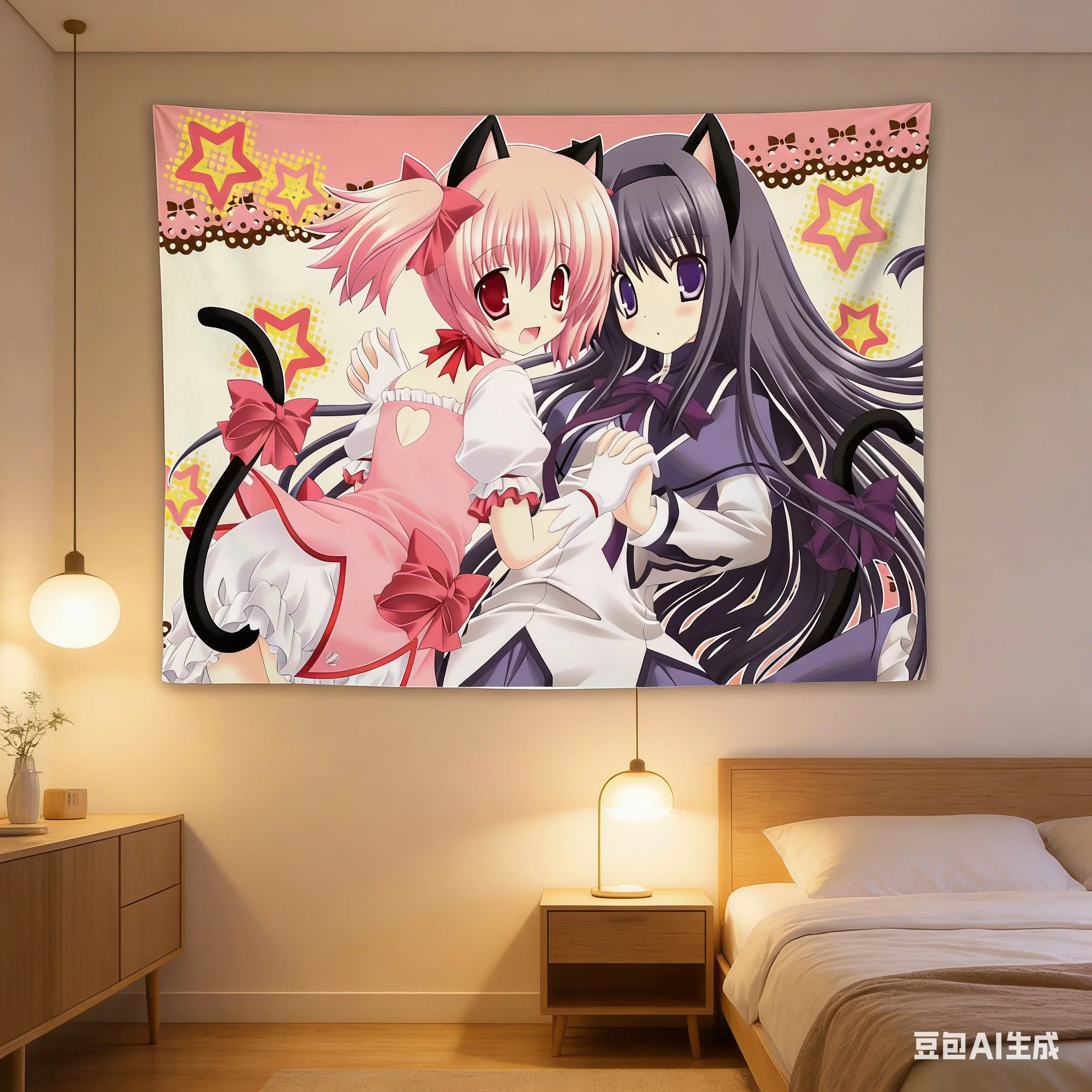 Madoka Neko Anime Girls Starry Tapestry - Kawaii Cat-Ear Polyester Wall Hanging for Bedroom Dorm Anime Decor