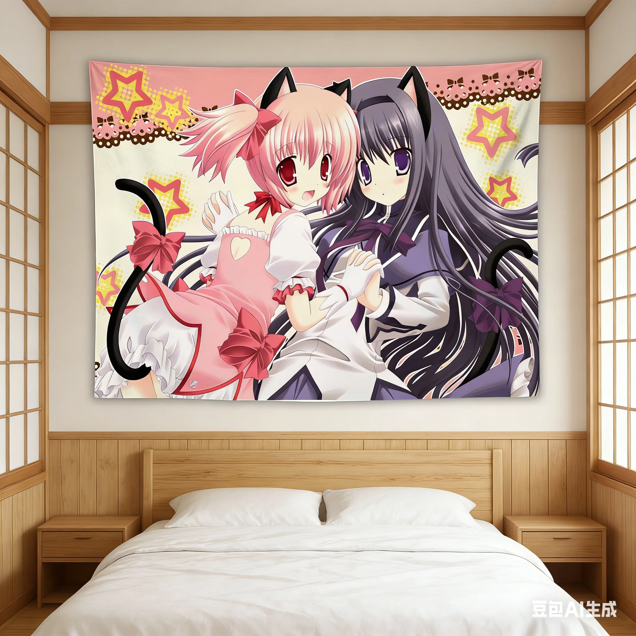 Madoka Neko Anime Girls Starry Tapestry - Kawaii Cat-Ear Polyester Wall Hanging for Bedroom Dorm Anime Decor