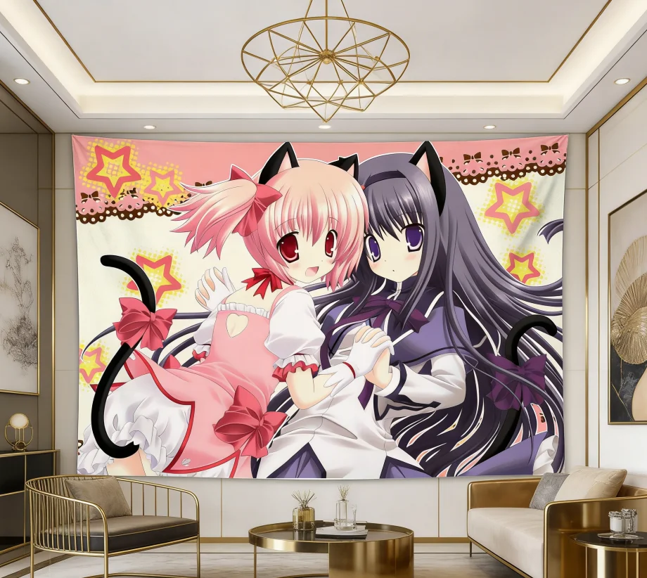 Madoka Neko Anime Girls Starry Tapestry - Kawaii Cat-Ear Polyester Wall Hanging for Bedroom Dorm Anime Decor
