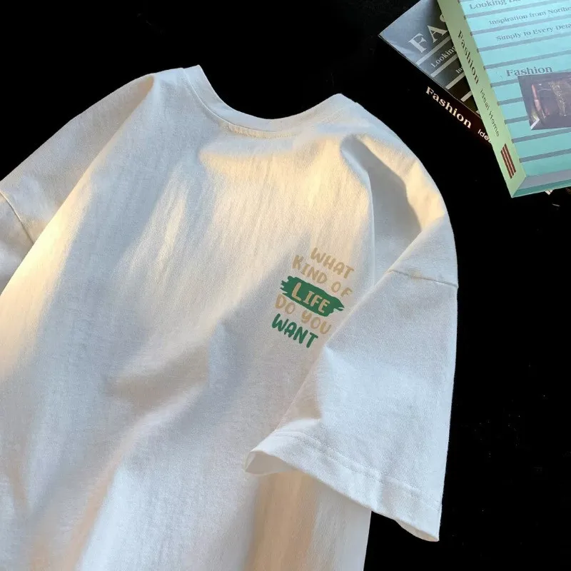Japanese Minimalist Letter Print Lazy Top Men's Breathable Short Sleeved Loose Oversized T-shirt