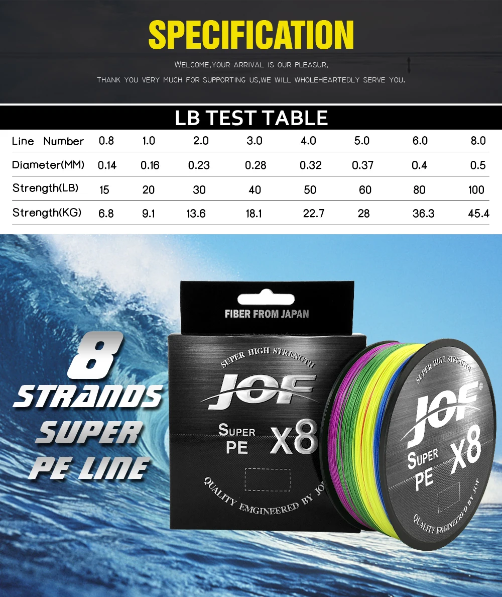 JOF 15-100LB X8 Braided Fishing Line Abrasion Resistant Superline Zero Stretch for Saltwater and Freshwater 150M 300M 500M