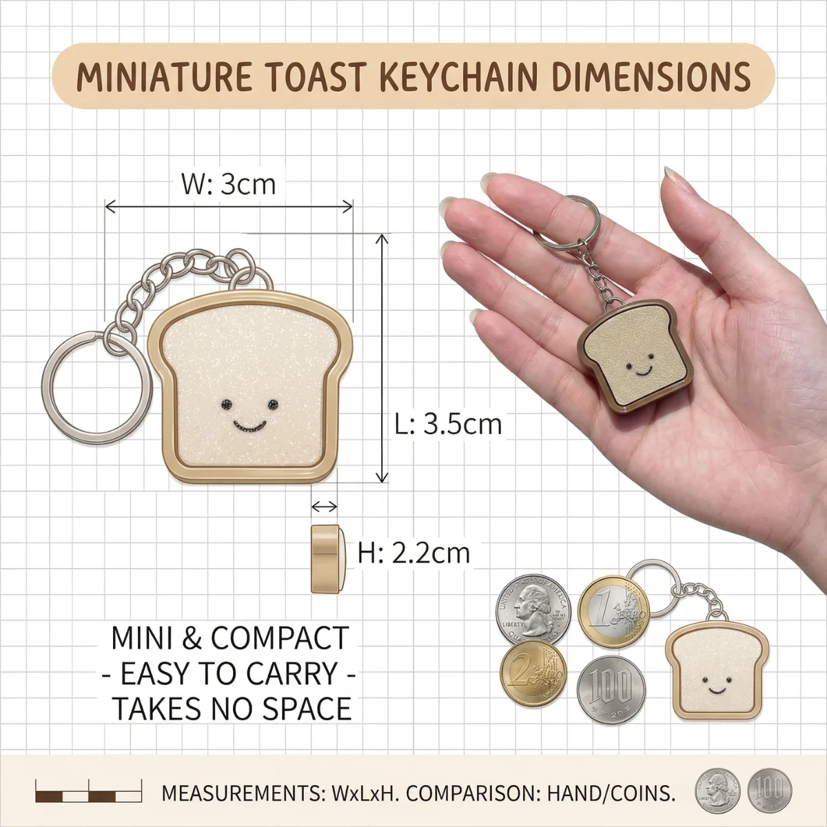 1PC 3.5cm Cute Pressable Stress Relief Keychain Soft Silicone Bread Keychain Set, Kawaii Toast Bread Shape Smiling Face Beige &