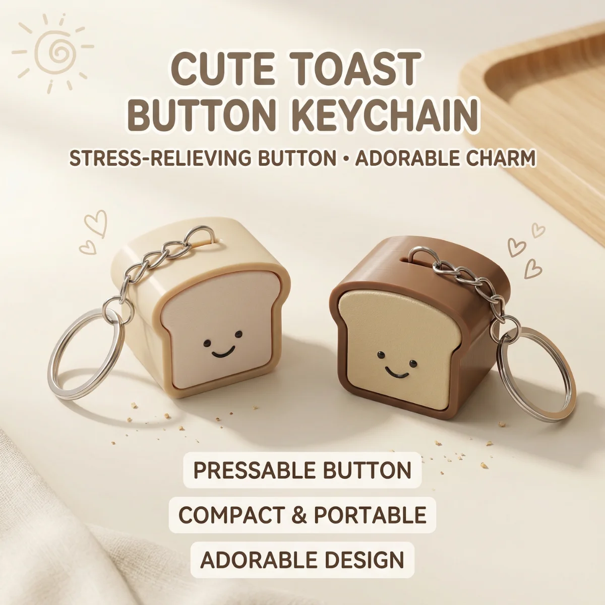 1PC 3.5cm Cute Pressable Stress Relief Keychain Soft Silicone Bread Keychain Set, Kawaii Toast Bread Shape Smiling Face Beige &
